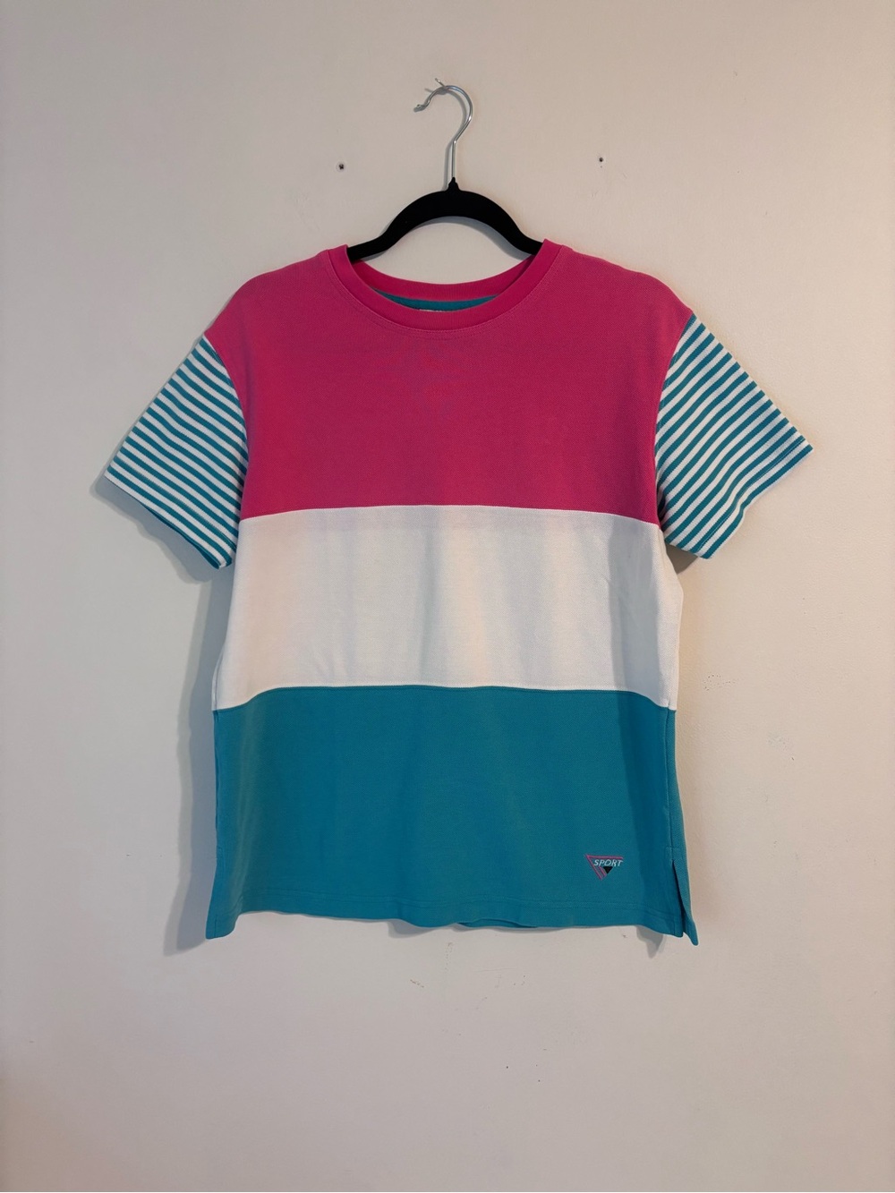 Vintage SJB Sport Colorblock T Shirt Medium 80s 90s Pink Teal Striped Retro